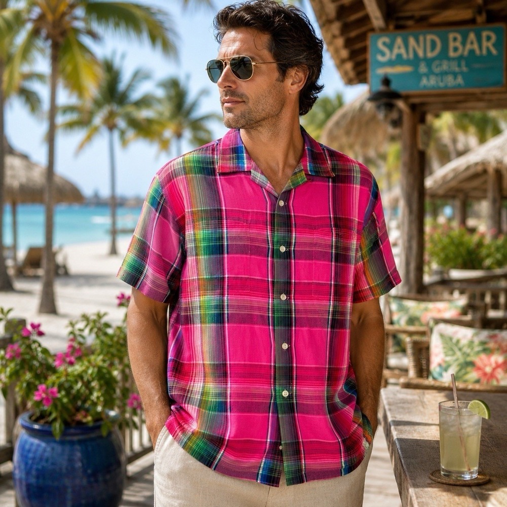 Vintage Polo Ralph Lauren Andy Camp XL Pink Madras Plaid Linen Cotton Camp Shirt